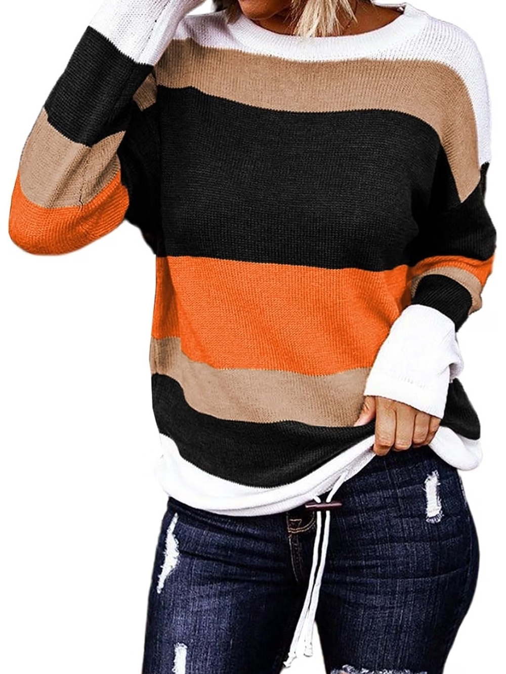 Dokotoo Women's Striped Crewneck Drawstring Pullover Sweater Autumnal